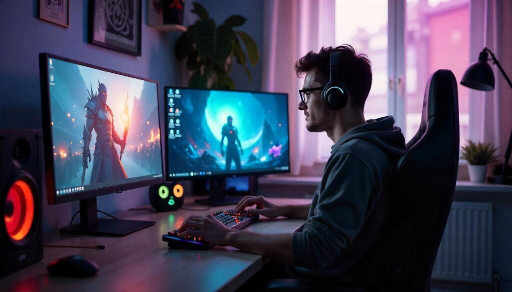 WoW player at a gaming PC setup with dual monitors showing fantasy game characters, representing class selection
