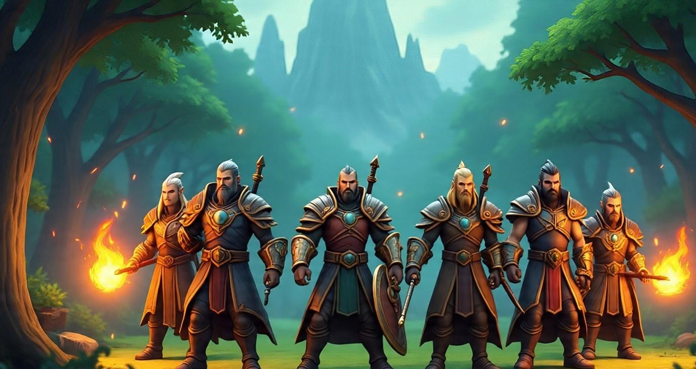 World of Warcraft warrior characters in golden armor in a forest clearing, representing solo farming and skinning routes