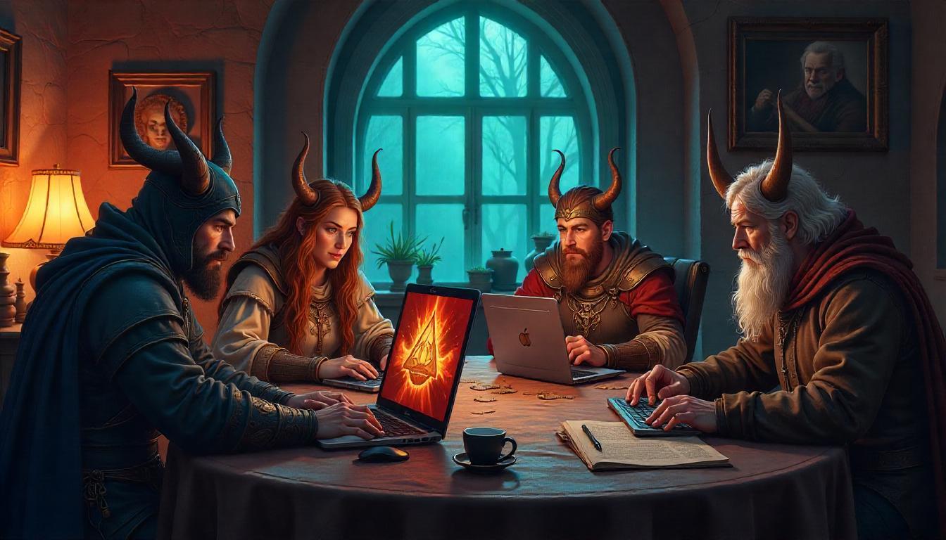 Fantasy art of four horned WoW-style adventurers gathered around laptops, representing a World of Warcraft party group