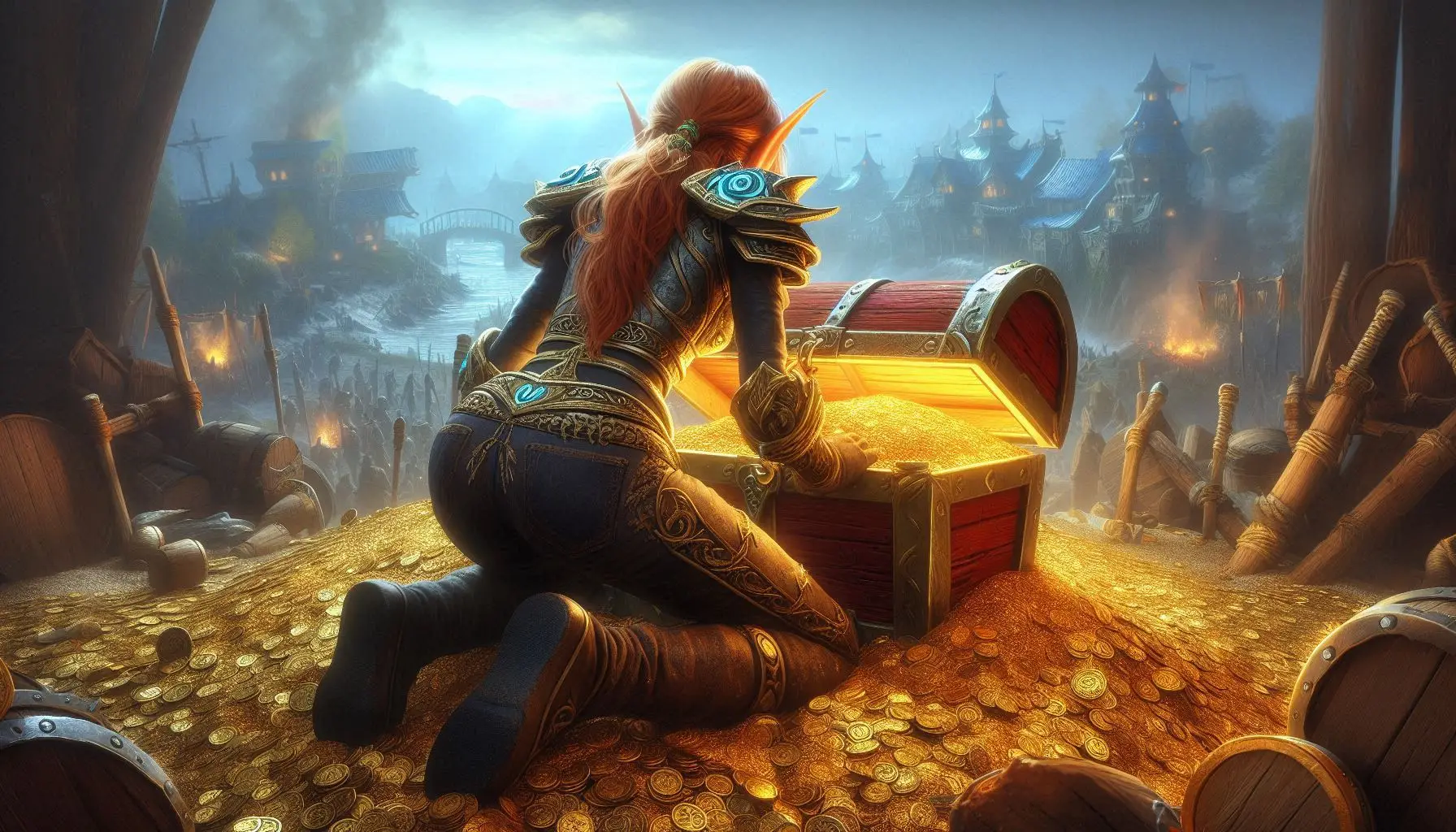 World of Warcraft fantasy art of an elf adventurer opening a glowing treasure chest overflowing with gold coins in a war-torn zone