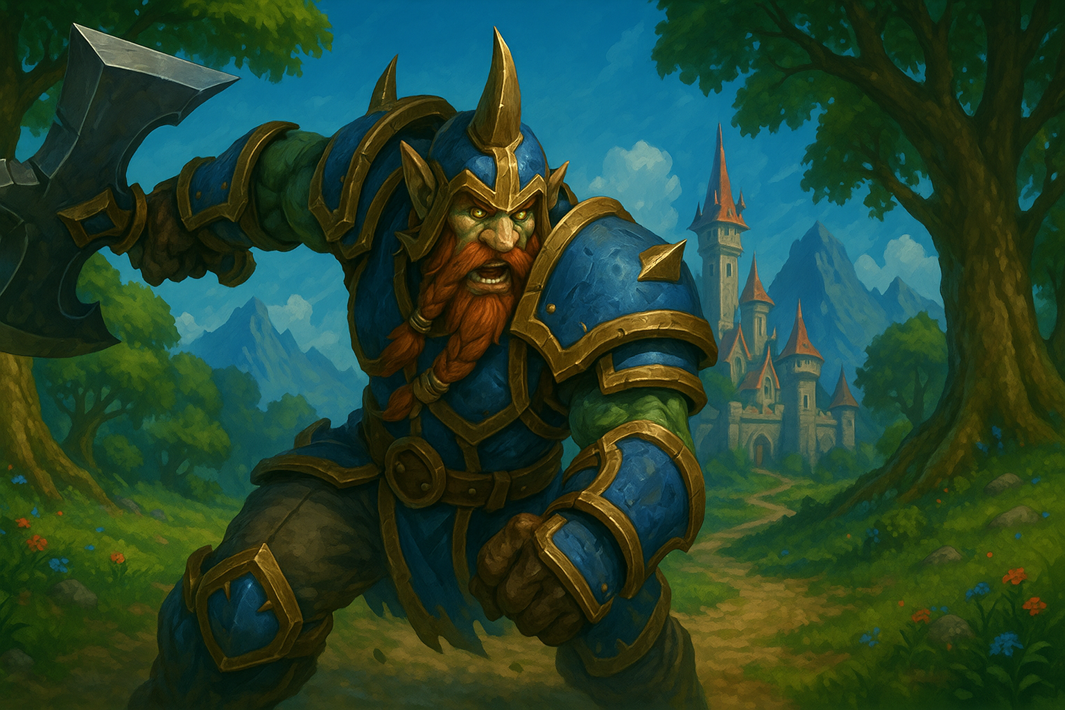 World of Warcraft Warrior or Orc fighter in blue plate armor charging with an axe, illustrating WoW melee class gameplay