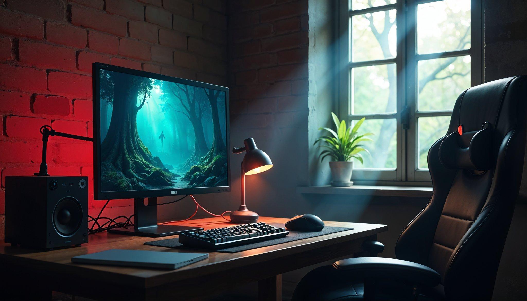 Gaming desk setup with monitor showing a misty forest scene, representing a World of Warcraft Druid or Hunter playstyle