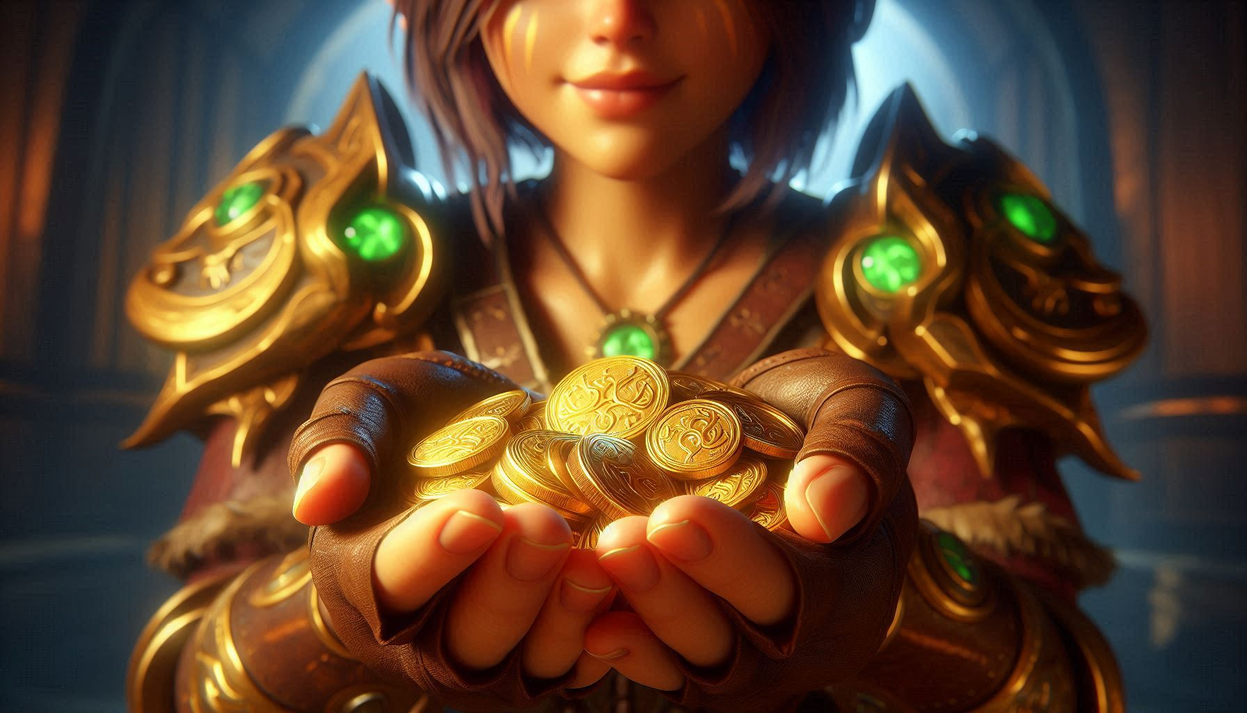 World of Warcraft adventurer in golden armor holding a handful of glowing gold coins — treasure farming reward concept